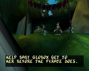 A baby Globox preparing to race with Spyglass Pirate in a Bonus Stage in Rayman 2.