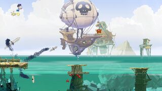 The Tricky Treasure jumps onto the warship in the background.