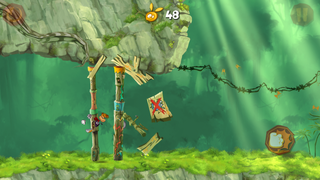 Rayman punching a wooden wall.