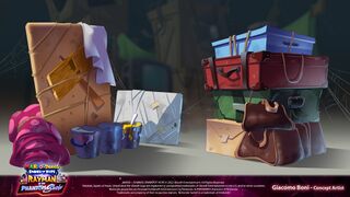 Concept art of the backstage props, featuring an exit sign and the curtains seen in Space Mama's battles.