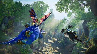 Two forest dragons carrying Rayman, Globox, and some Teensies
