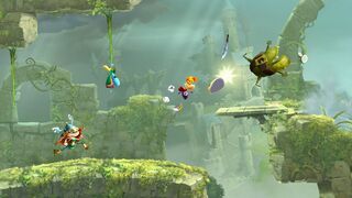 Rayman, the Grand Minimus, and Barbara exploring a castle in the sky.