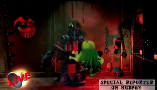 The skeleton of Ed from Tonic Trouble and Rayman's head as a trophy on the wall