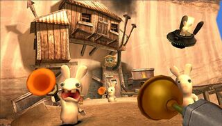 Rabbids holding plunger guns and one Rabbid is in a flying ship.
