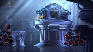 The end of the level Swarmed and Dangerous, with marble pillars and a statue of a member of Globox's species.