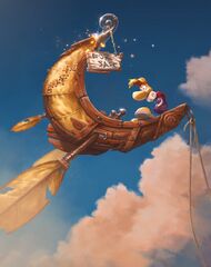The same color illustration as above, but this time with Rayman himself being included using his final Rayman 3 character design. This showcases a transitional point in the project, from Rayman 2000 to Rayman 3.