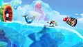 Rayman and Globox sliding to free Betilla the Fairy from a fleeing Darktoon in the Miami Ice section of Gourmand Land.