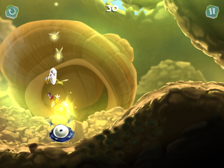 Rayman performing a crush attack towards a Psychlops