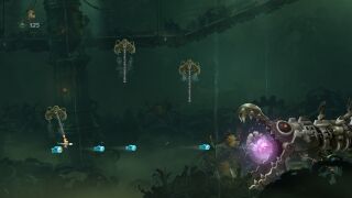 Rayman using Flying Punches to destroy the Mechanical Dragon's jewel.