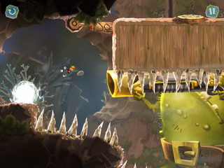 Rayman crushing a toad using a spiked platform