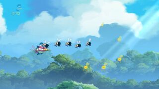 Rayman and the giant mosquito battling small flies.