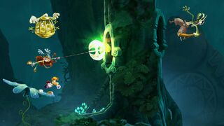 Rayman and Barbara fighting a Lividstone in the Jibberish Jungle.