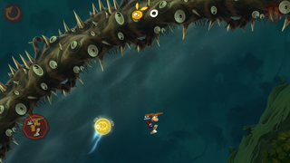Rayman gliding with a Skull Coin.