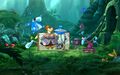 Rayman, Globox and two Teensies being photographed.