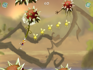 Rayman gliding on a dandelion to reach a spiky flower with an arm