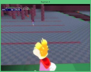 A screenshot of the unreleased development build of Phoenix's Rayman 4 depicting Rayman's model from Rayman 3 standing in a test environment internally named "BootCamp".