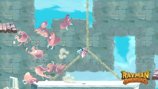 Teensy Queen using magic to knock over a stack of pigs in Olympus Maximus