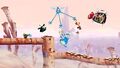 Rayman, Globox and two Teensies swinging to free Betilla the Fairy from a fleeing Darktoon.
