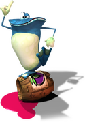 Globox on a barrel of plum juice.