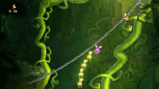 Rayman hanging on a chain.