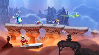 Rayman, Globox, the Grand Minimus and Murfy running in the Land of the Livid Dead.