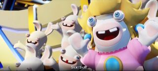 Rabbids cheering to the Phantom, with Rabbid Peach getting carried away