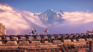 Rayman and Globox in the level Castle Rock.