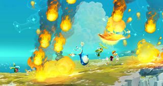 Rayman, Globox, Murfy and the Grand Minimus dodging fireballs.