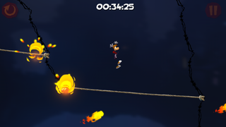 Rayman jumping onto a zip-line.