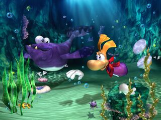 Carmen and Rayman swimming in the Whale Bay.