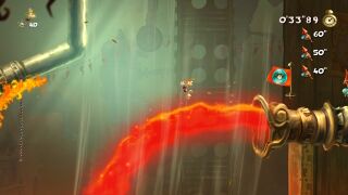 Rayman flying over a stream of lava at the end of the level.