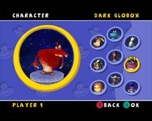 The second, Globette-themed, alternate skin for Dark Globox in the Gamecube version of Rayman Arena.