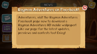 A message asking the player to visit the Rayman Adventures Facebook page.
