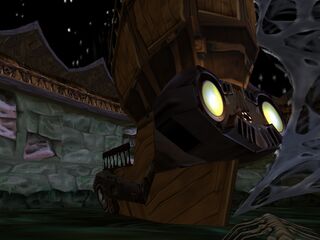 A wrecked warship in the Tomb of the Ancients.