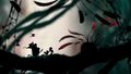 Rayman and Globox running through a dark forest.