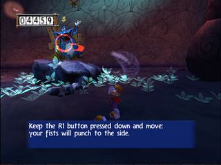 Rayman throwing his fist while strafing.