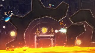 Rayman, Globox, and the Grand Minimus traversing the Moody Clouds.