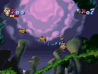 Rayman uses one scared platform to reach another.