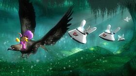 Rayman in his disco costume riding on an eagle.