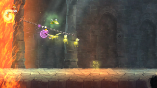 Rayman collecting Lums on a zip-line.