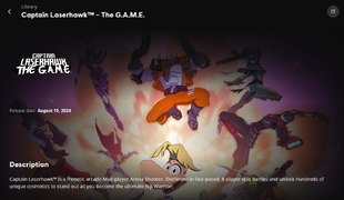 The image for the Captain Laserhawk: The G.A.M.E. page on Ubisoft Connect. It is the page for the closed beta.