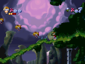 Rayman captures a scared platform with his telescopic fist.