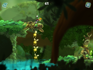 Rayman performing a crush attack on a barrier