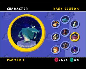 The first, Globox-themed, alternate skin for Dark Globox in the Gamecube version of Rayman Arena.