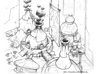 Concept art of the arms factory.