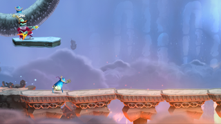 A granny playing guitar while flying on a coffin.