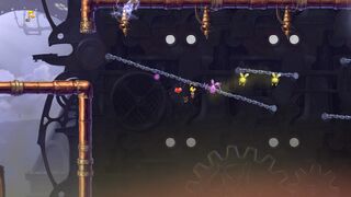 Rayman hanging on to a chain while collecting Lums.