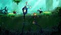 Rayman, Globox and two Teensies in a swamp with tentacle claws in the water.