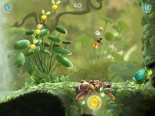 Rayman performing a crush attack on a barrier to release a geyser and collect a Skull Coin