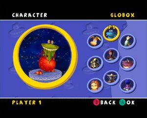 The first, strawberry-themed, alternate skin for Globox in the Gamecube version of Rayman Arena.